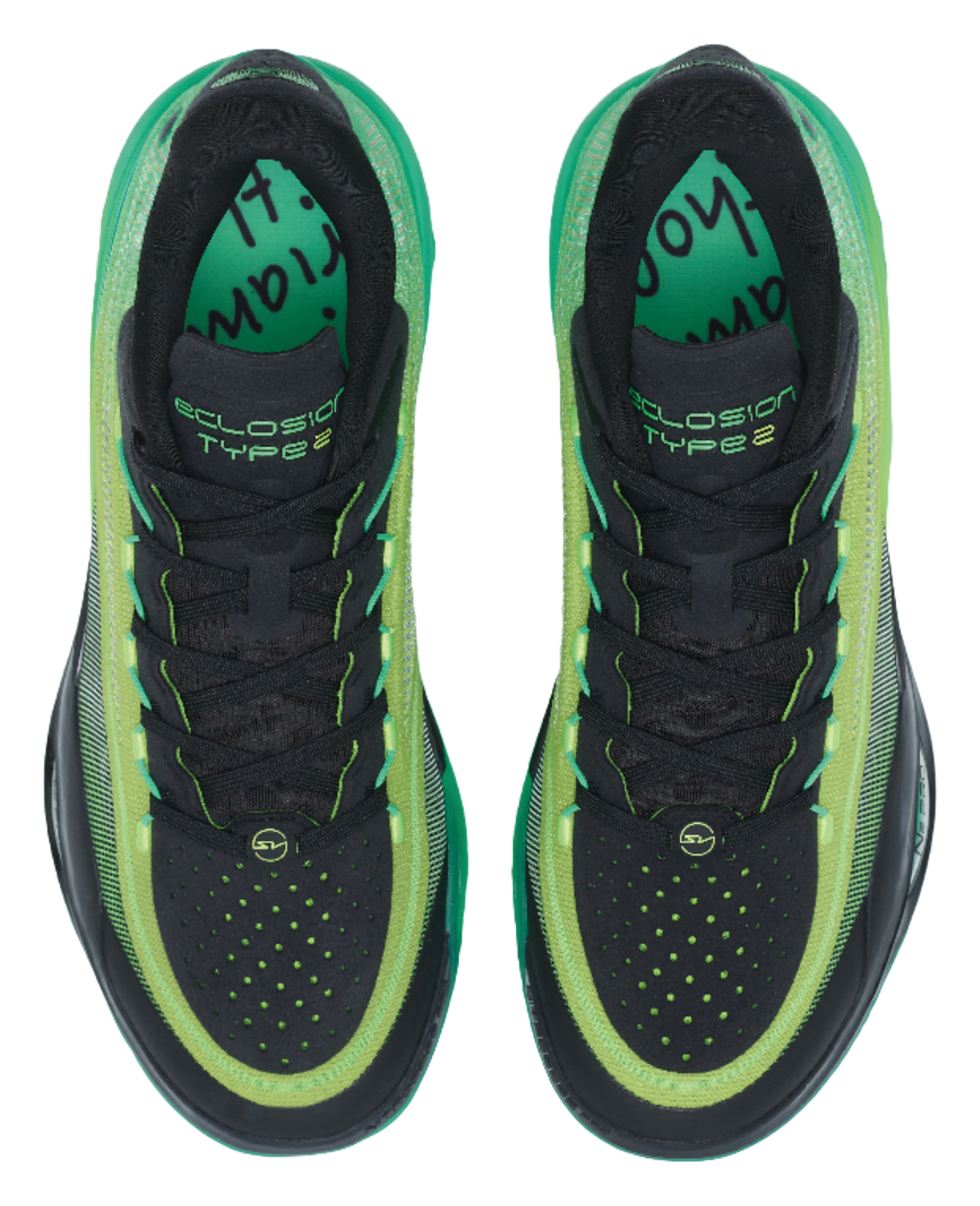 Black tongue and laces with green "Eclosion Type 2" text and neon green collar trim