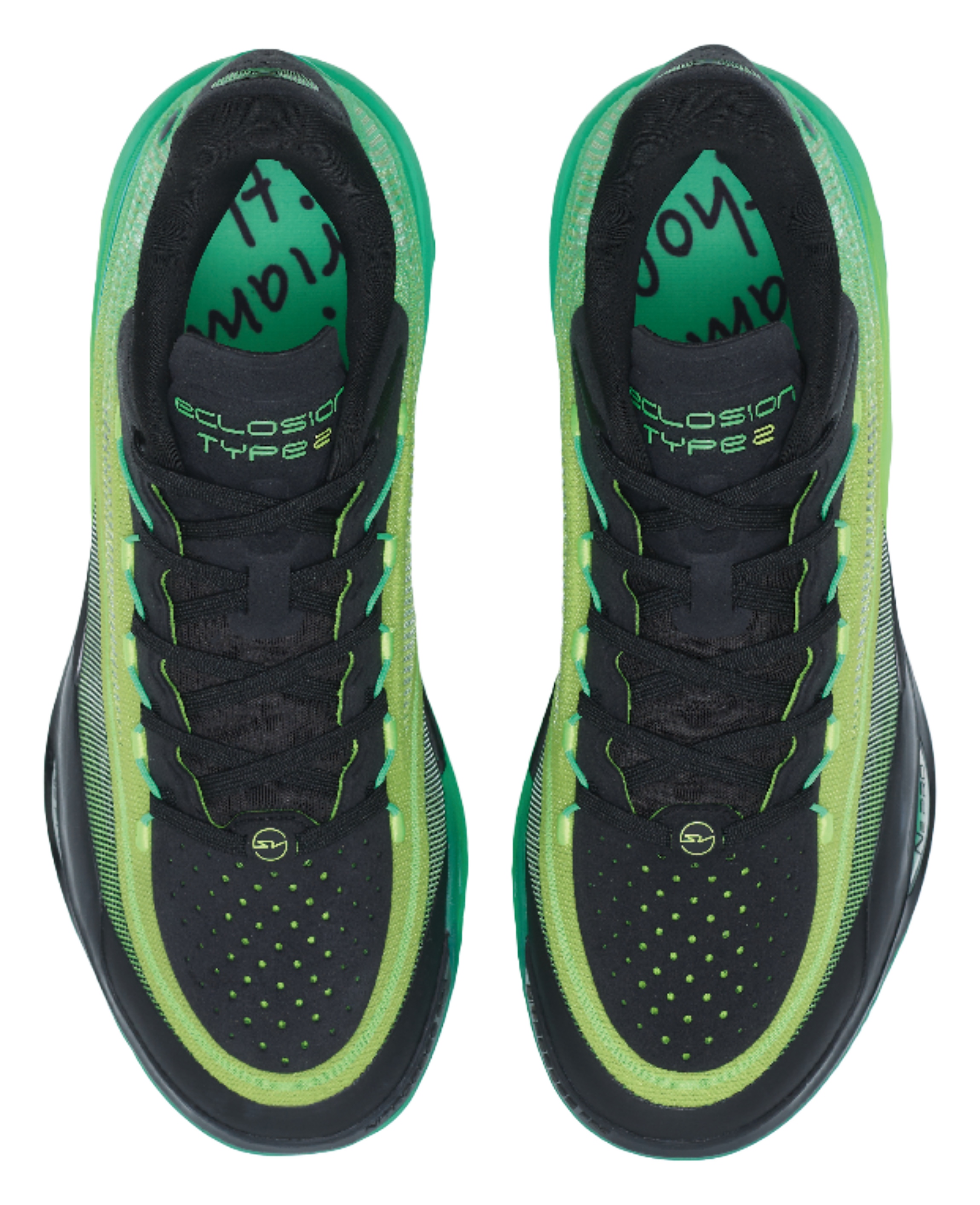 Black tongue and laces with green "Eclosion Type 2" text and neon green collar trim