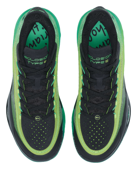 Black tongue and laces with green "Eclosion Type 2" text and neon green collar trim