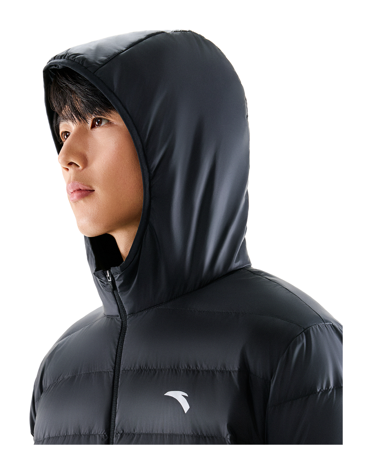 Black hooded puffer down jacket close-up of hood and chest logo