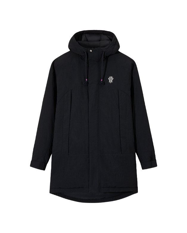 Black hooded down jacket with full zip and front pockets.