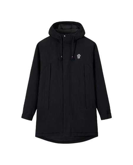 Black hooded down jacket with full zip and front pockets.