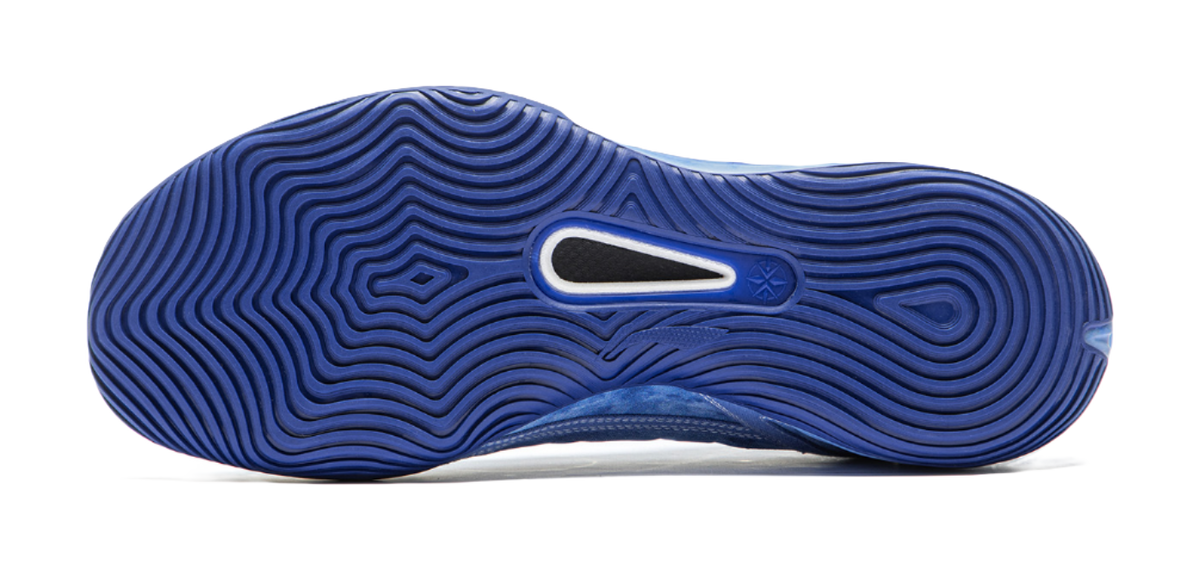 Men's sky blue low-top basketball shoes outsole tread view with traction grooves