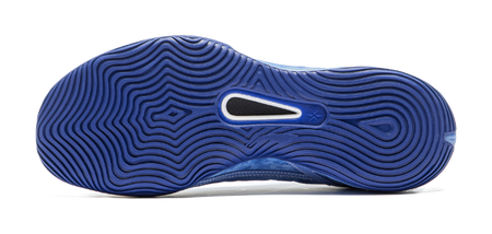Men's sky blue low-top basketball shoes outsole tread view with traction grooves