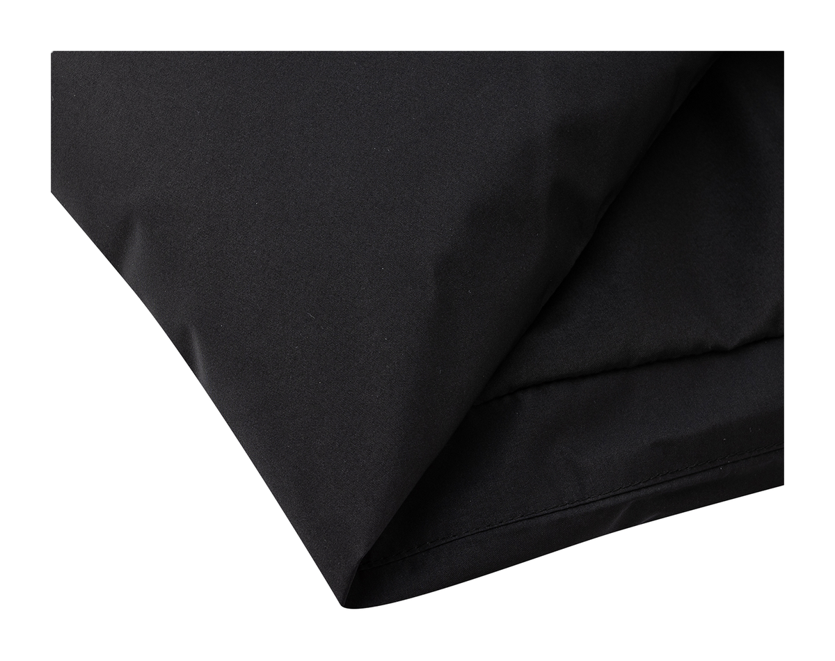 Black down jacket hem area with stitching and layered fabric seam