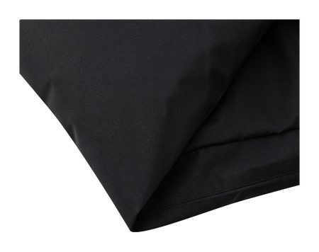 Black down jacket hem area with stitching and layered fabric seam