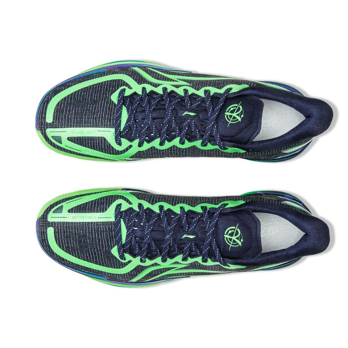 Basketball shoes top view pair, dark navy knit with neon green outlines and lace-up.
