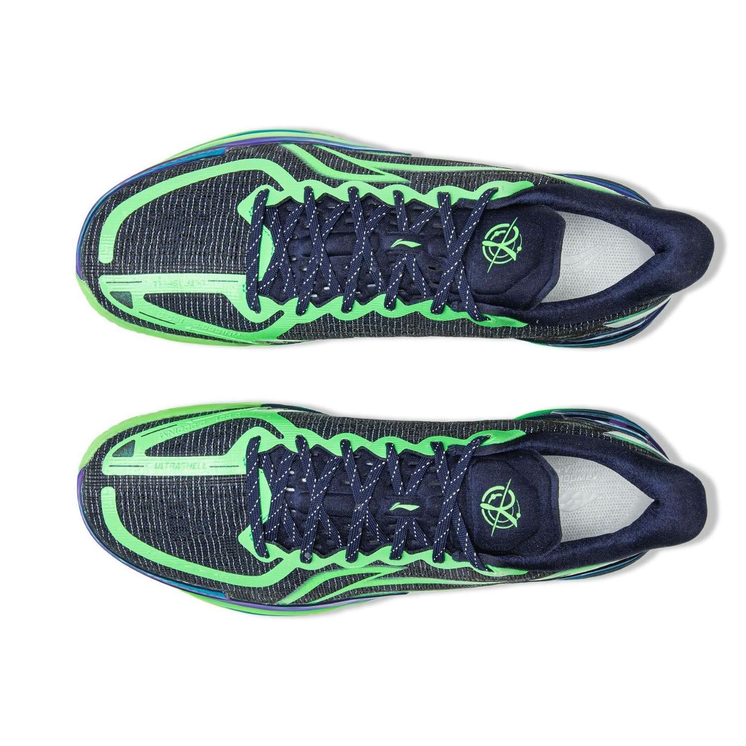 Basketball shoes top view pair, dark navy knit with neon green outlines and lace-up.