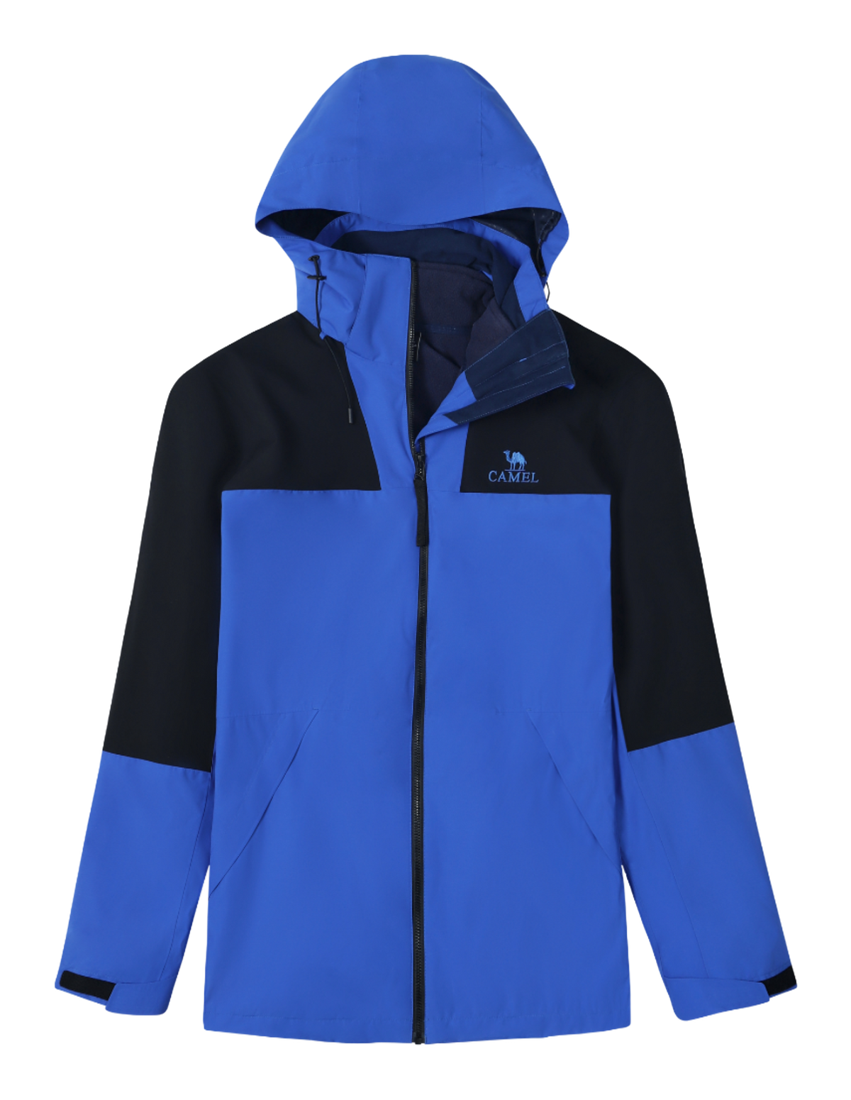 Colorblock windbreaker jacket with hood, full zip, blue and black panels, CAMEL logo.