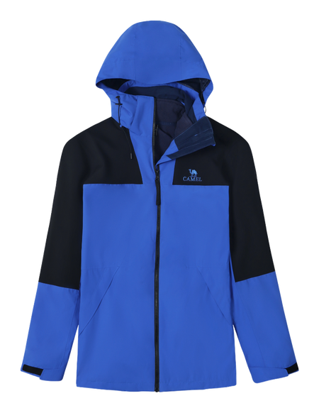 Colorblock windbreaker jacket with hood, full zip, blue and black panels, CAMEL logo.