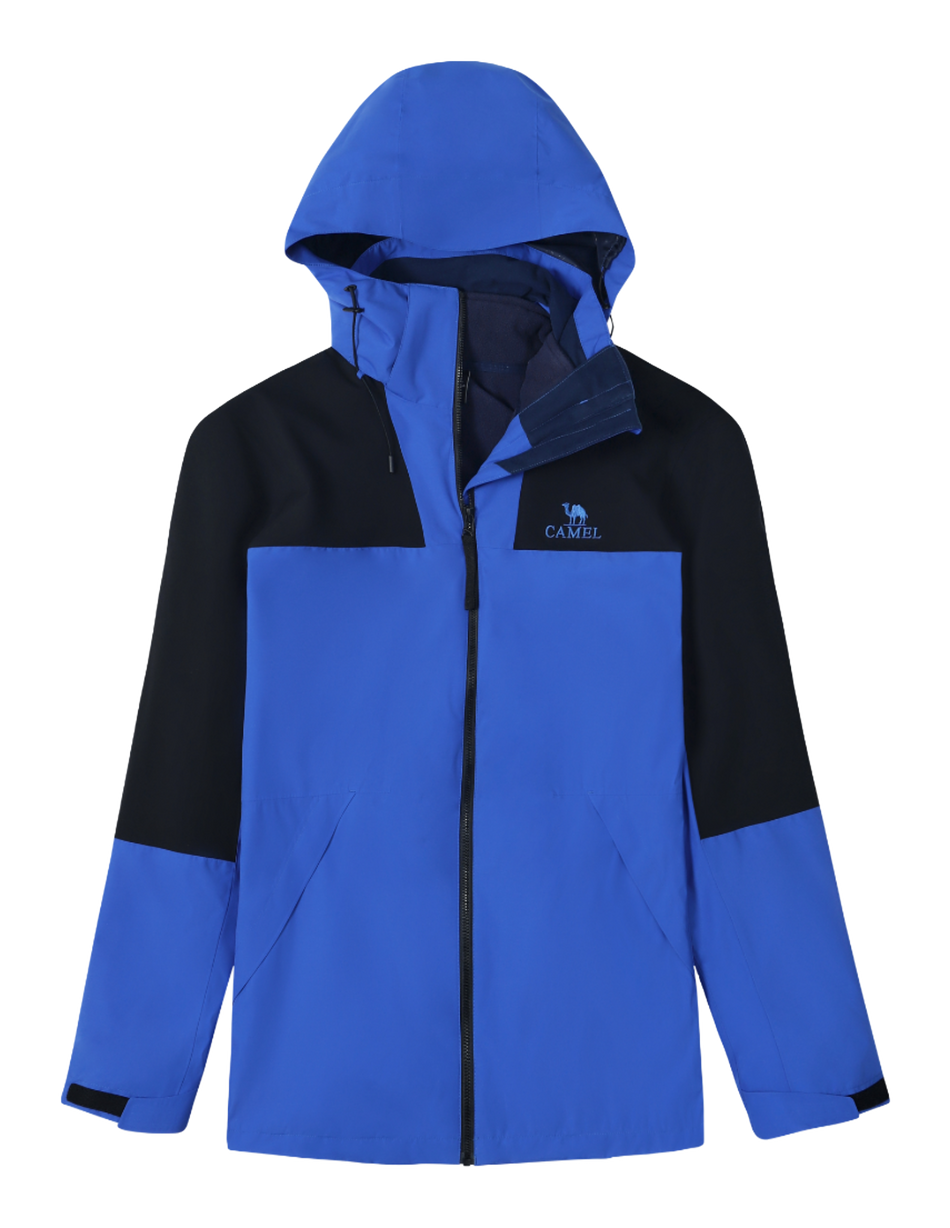 Colorblock windbreaker jacket with hood, full zip, blue and black panels, CAMEL logo.