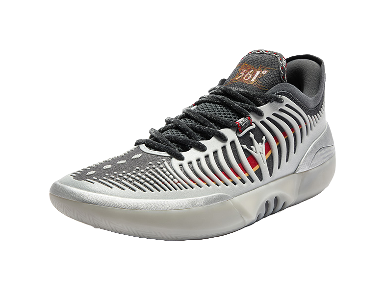 Low-top basketball shoe, silvery white upper with black lace-up front