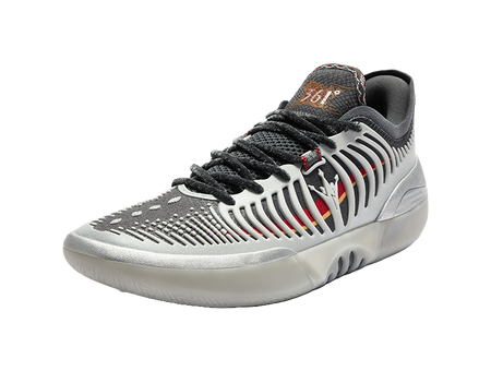 Low-top basketball shoe, silvery white upper with black lace-up front