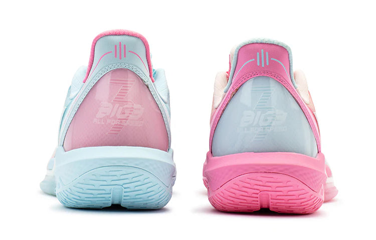 Back view of mismatched basketball shoes: light blue heel and pink heel, cushioned soles