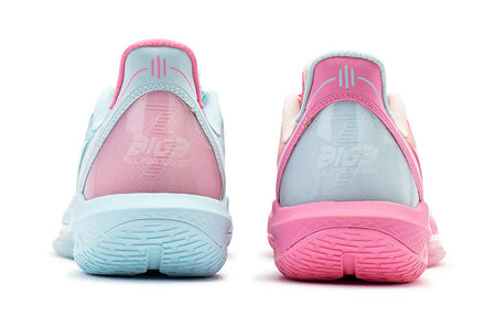 Back view of mismatched basketball shoes: light blue heel and pink heel, cushioned soles