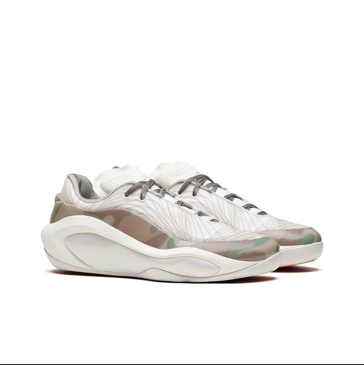 A pair of white athletic sneakers with translucent mesh panels and gray laces, shown on a plain white background within a mobile app screenshot.