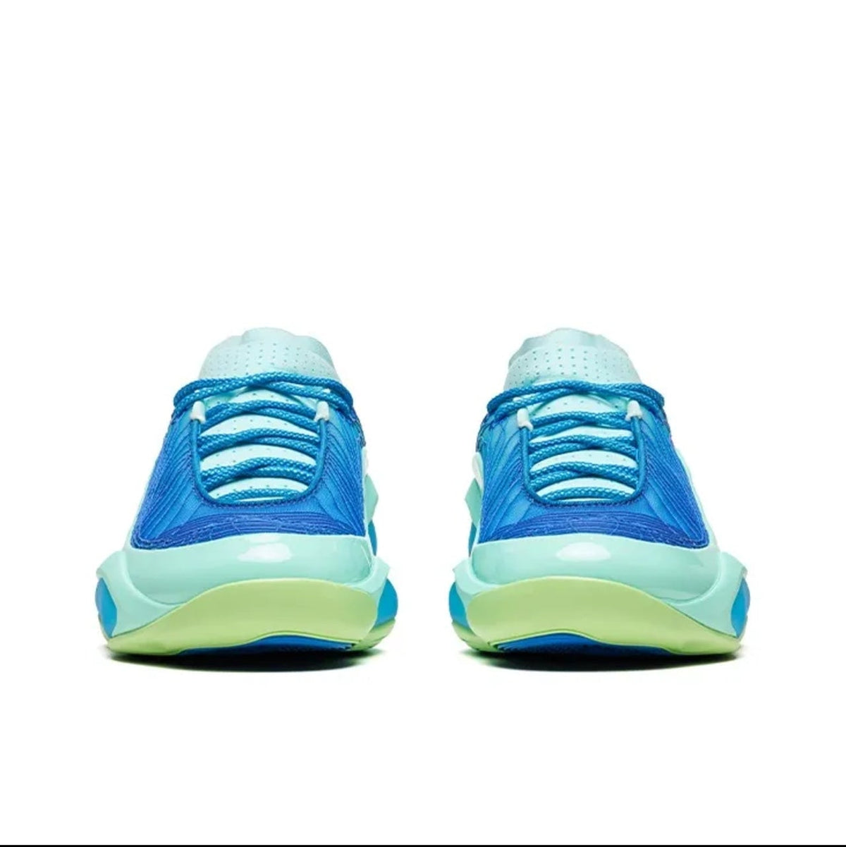 A pair of low-top athletic sneakers shown from the back, featuring a bright blue upper, light blue collar, and a thick translucent midsole that shifts from yellow-green to light blue. The image is presented on a white background within a mobile app screenshot.