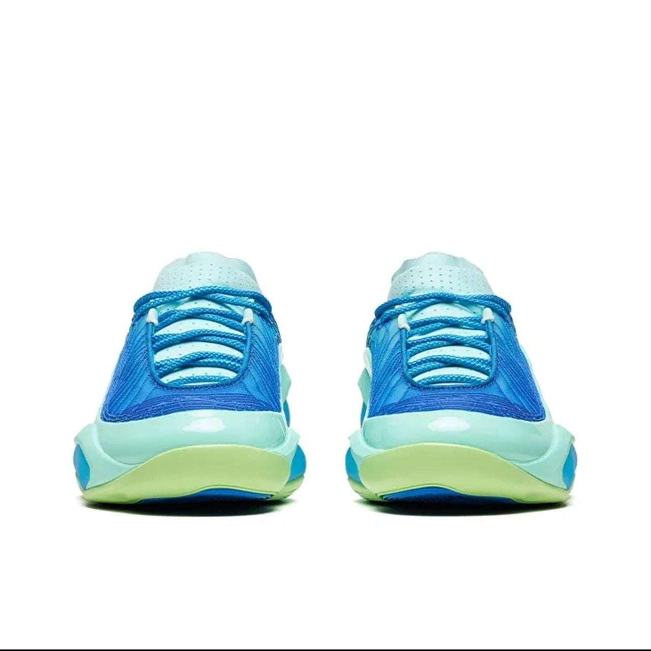 A pair of low-top athletic sneakers shown from the back, featuring a bright blue upper, light blue collar, and a thick translucent midsole that shifts from yellow-green to light blue. The image is presented on a white background within a mobile app screenshot.