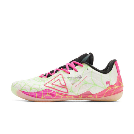 Unisex basketball shoe in white with red, pink laces, and black heel collar
