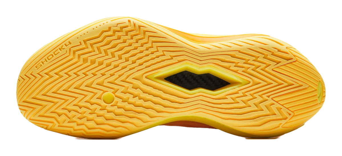 Basketball shoe outsole bottom in yellow with zigzag traction pattern and central diamond grip.