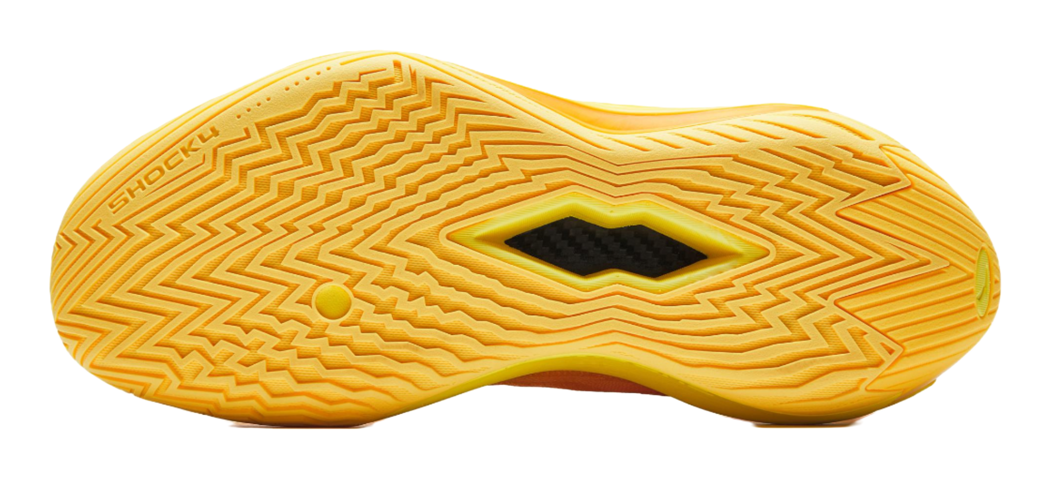 Basketball shoe outsole bottom in yellow with zigzag traction pattern and central diamond grip.
