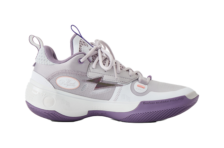 Low-top basketball shoe in grey, white, and lavender with lace-up and side branding
