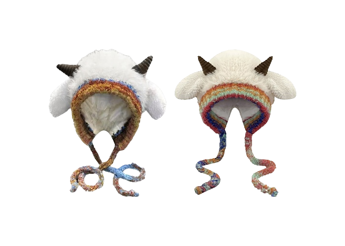 [Little Sheep Horn] IOTS will squeak when pinching the ears! Warm autumn and winter, soft and cute rainbow, dopamine cooling and windproof drawstring, double-layer cute and warm cartoon, niche polyester fiber woolen hat, unisex, couple style  vjsneaker.com