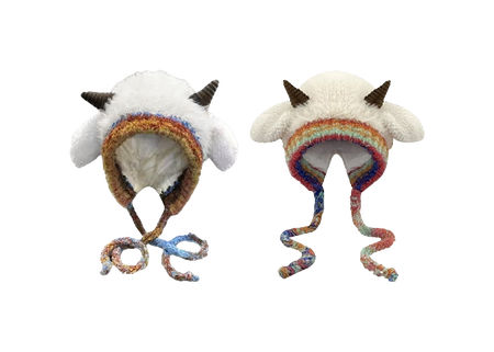 [Little Sheep Horn] IOTS will squeak when pinching the ears! Warm autumn and winter, soft and cute rainbow, dopamine cooling and windproof drawstring, double-layer cute and warm cartoon, niche polyester fiber woolen hat, unisex, couple style  vjsneaker.com