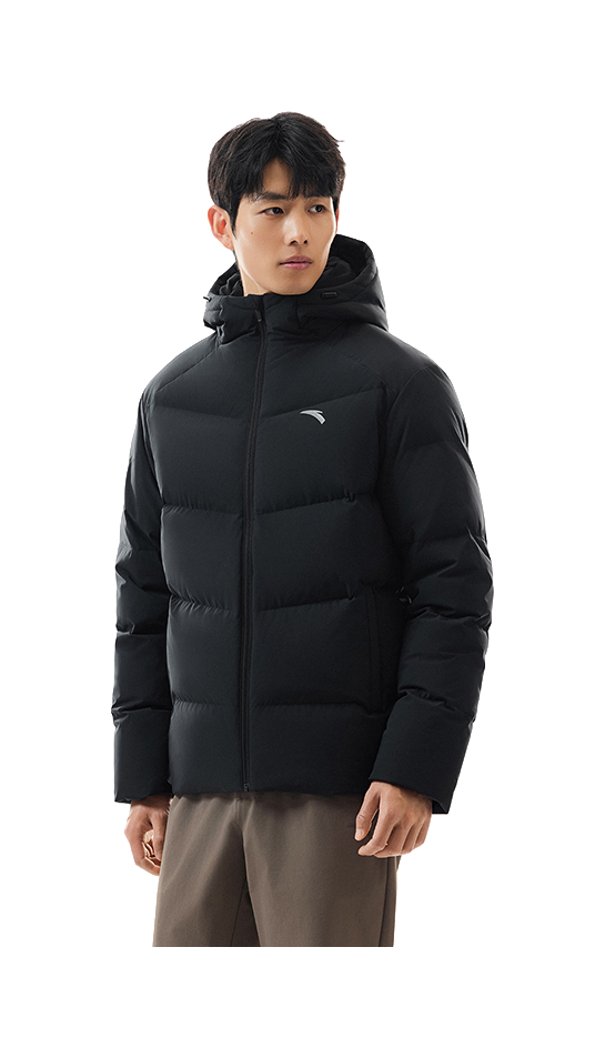 Men's black hooded down puffer jacket with full-zip front, worn by model