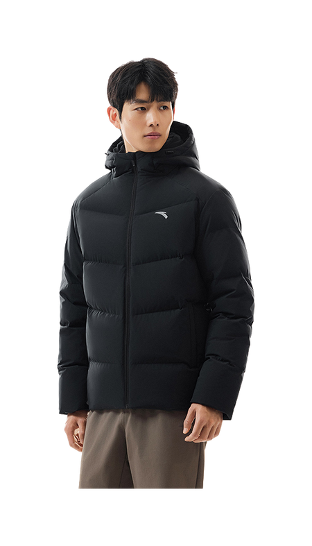 Men's black hooded down puffer jacket with full-zip front, worn by model