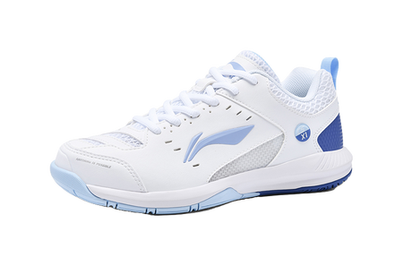 White badminton shoe side view with blue swoosh logo and cushioned sole