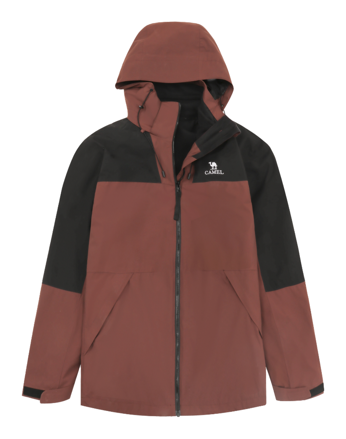 Colorblock windbreaker jacket with hood, full zip, rust brown and black panels, CAMEL logo.
