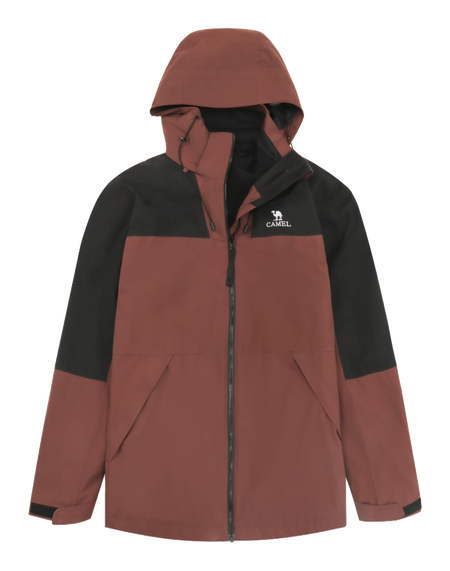 Colorblock windbreaker jacket with hood, full zip, rust brown and black panels, CAMEL logo.