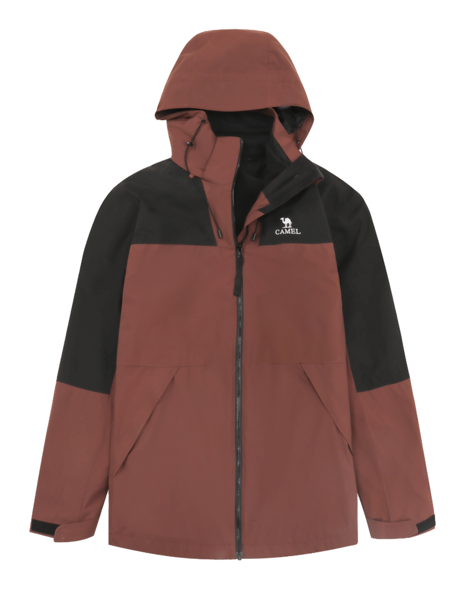 Colorblock windbreaker jacket with hood, full zip, rust brown and black panels, CAMEL logo.
