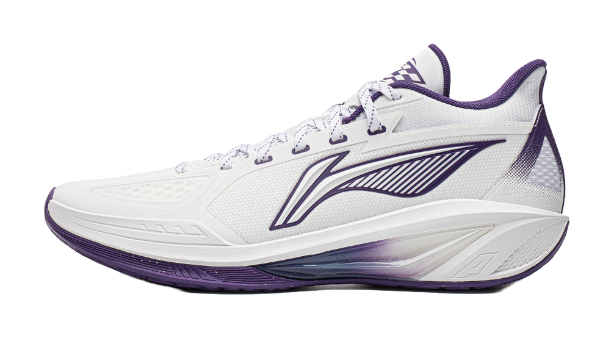 Low-top basketball shoe, white with purple trim, lace-up with side logo.