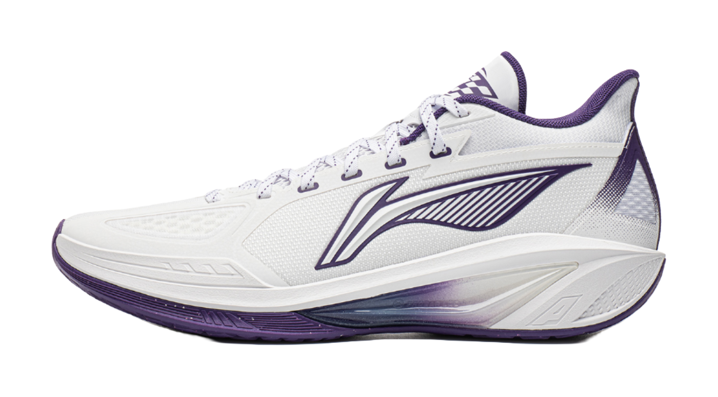 Low-top basketball shoe, white with purple trim, lace-up with side logo.