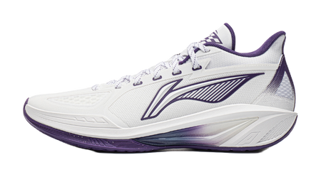 Low-top basketball shoe, white with purple trim, lace-up with side logo.