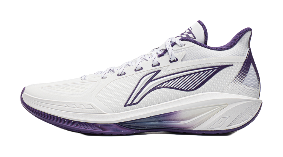 Low-top basketball shoe, white with purple trim, lace-up with side logo.