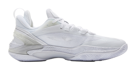 White and silver basketball shoe with textured knit upper, side panel, and cushioned midsole
