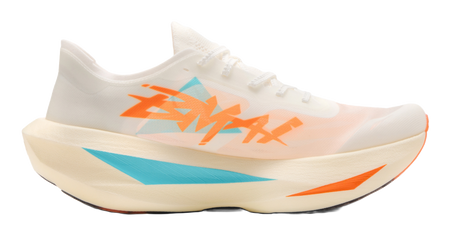 Men's low-top running shoes with white knit upper, orange graphic and teal midsole
