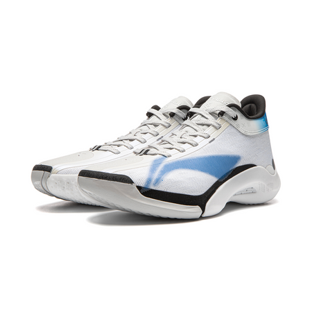 White basketball shoe with blue ombre stripe and black midfoot accents