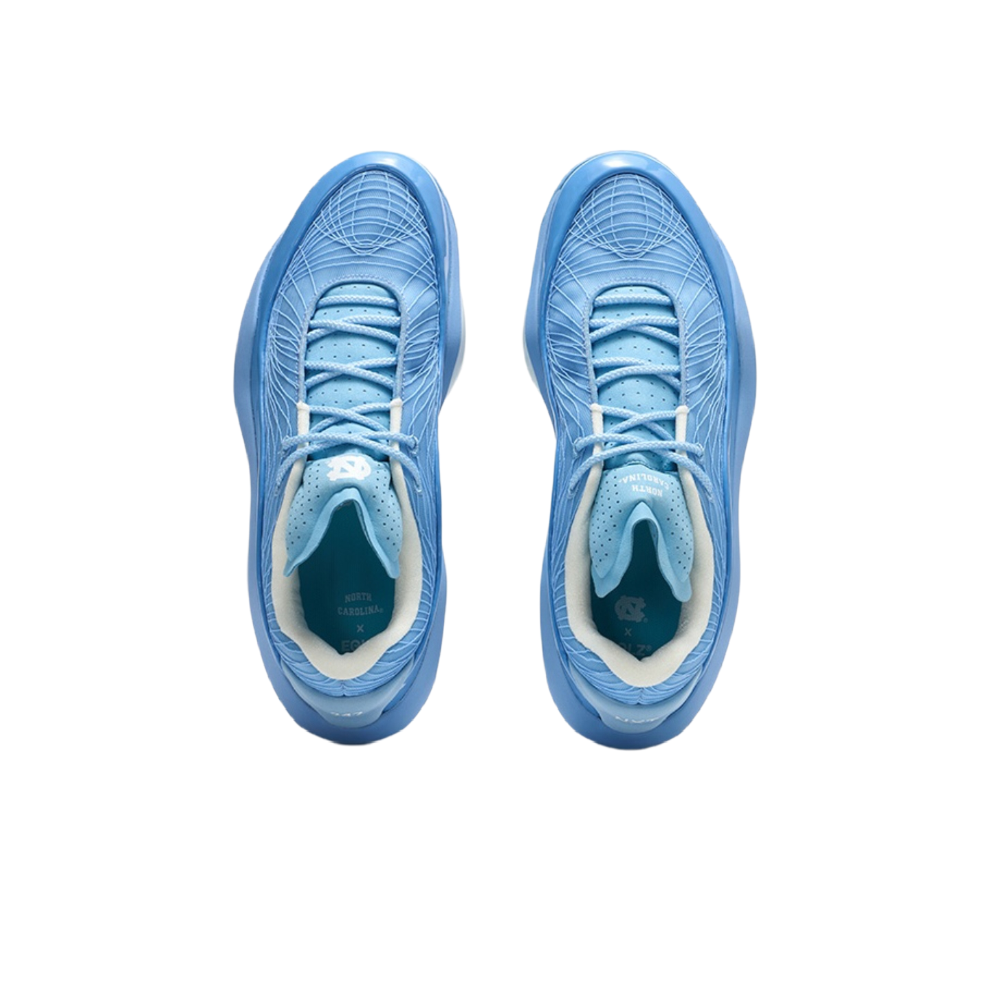 Top view of blue basketball shoes with lace-up closure and padded collar