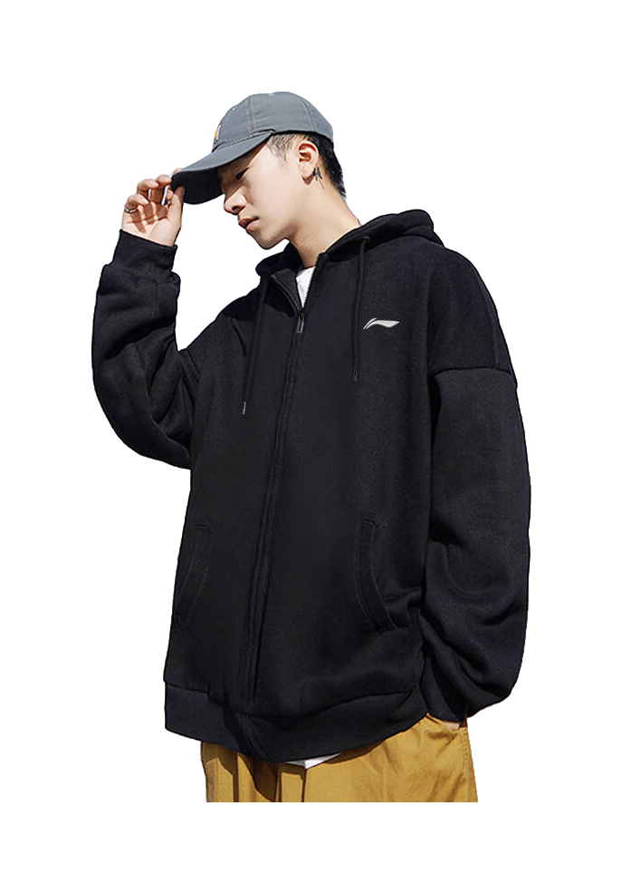 Black zip-up hoodie worn on model, with drawstring hood and kangaroo pocket