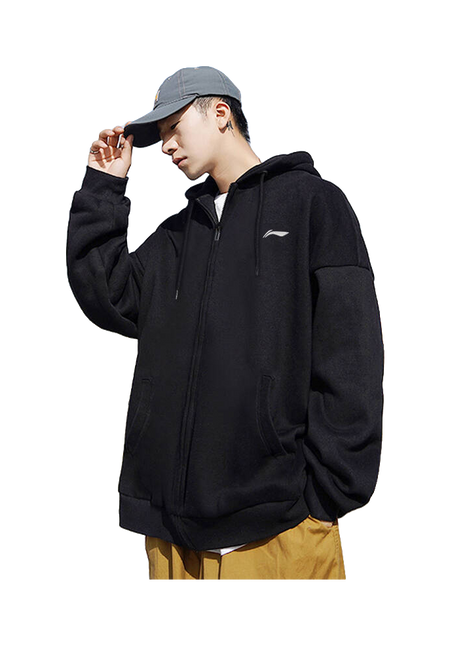 Black zip-up hoodie worn on model, with drawstring hood and kangaroo pocket
