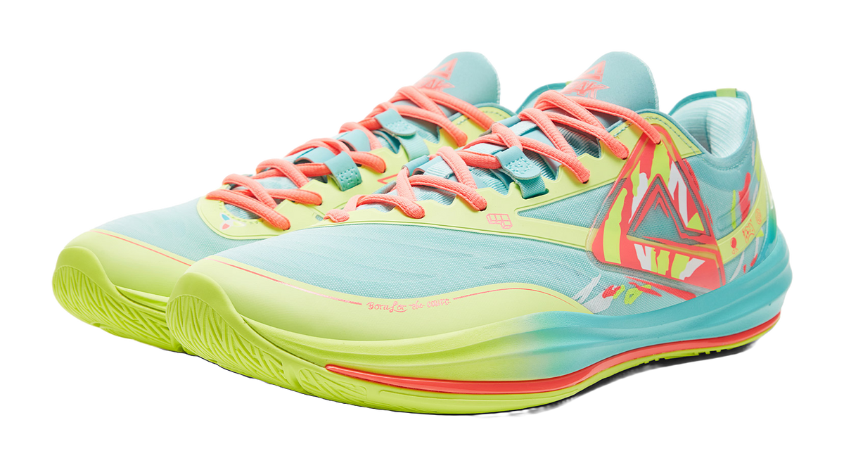Lightweight basketball shoe front 3/4 view, ice blue upper with coral laces and neon green sole