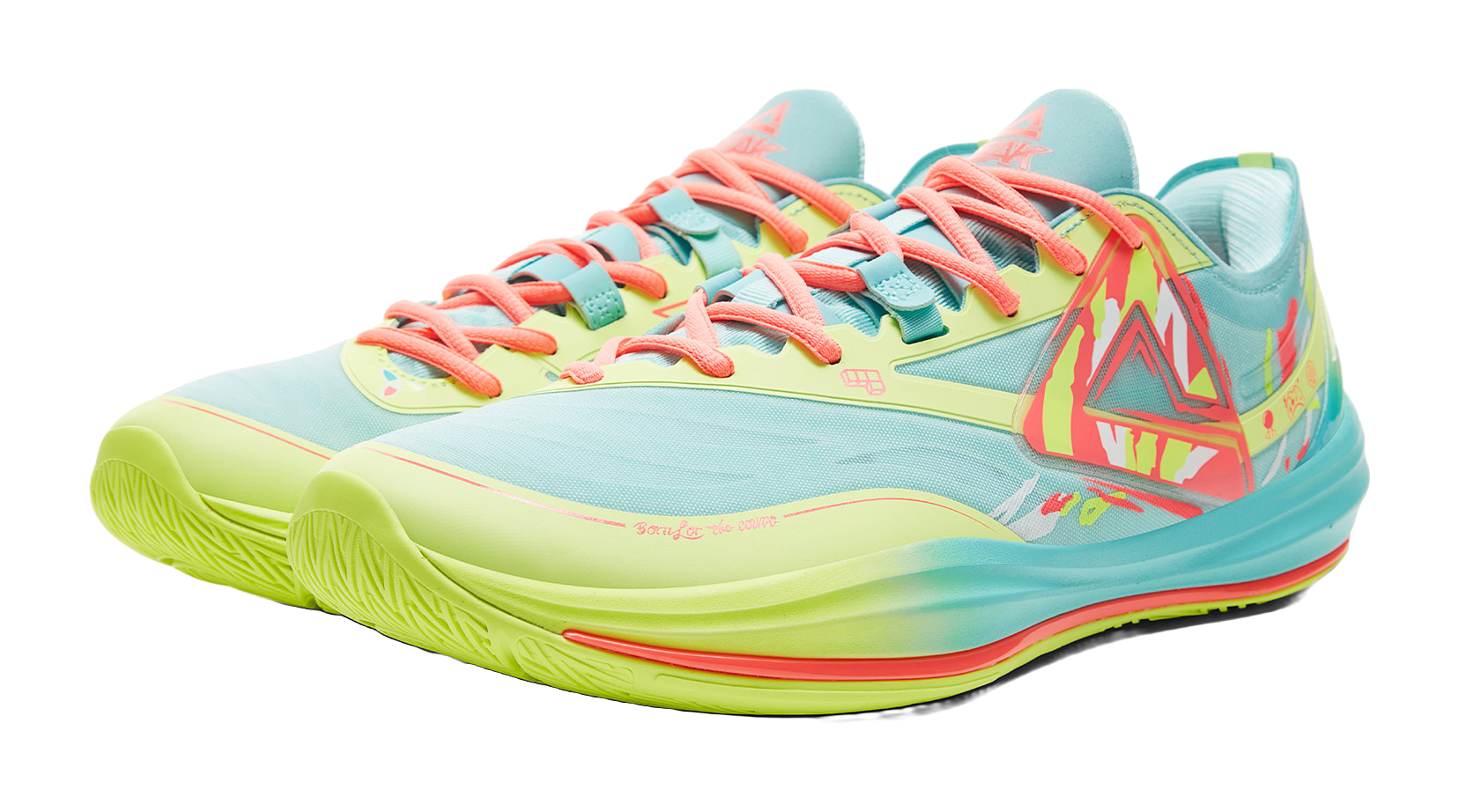 Lightweight basketball shoe front 3/4 view, ice blue upper with coral laces and neon green sole