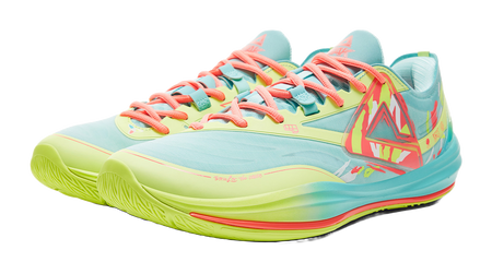 Lightweight basketball shoe front 3/4 view, ice blue upper with coral laces and neon green sole