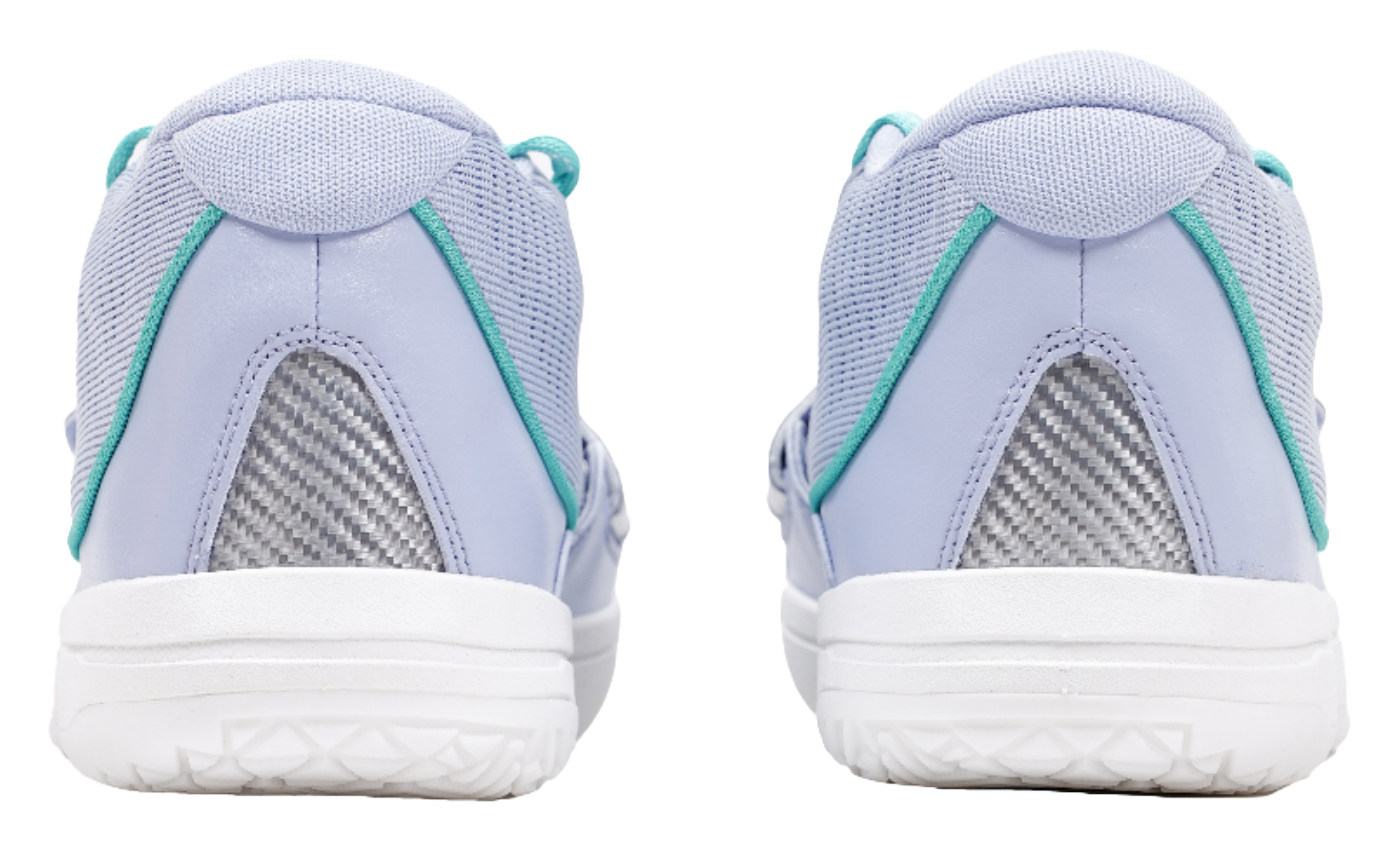 Light blue sneakers rear view with teal trim and white cushioned sole
