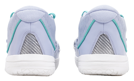 Light blue sneakers rear view with teal trim and white cushioned sole