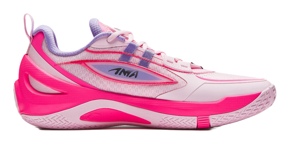 Unisex basketball shoe, side view, pink-and-lavender mesh upper with white laces